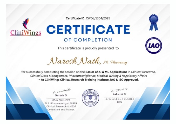 CliniWings — AI & ML in clinical research, CDM, pharmacovigilance, medical writing and regulatory affairs — certificate sample
