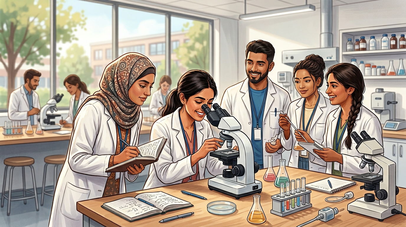 Indian pharmacy students in lab coats during CliniWings training