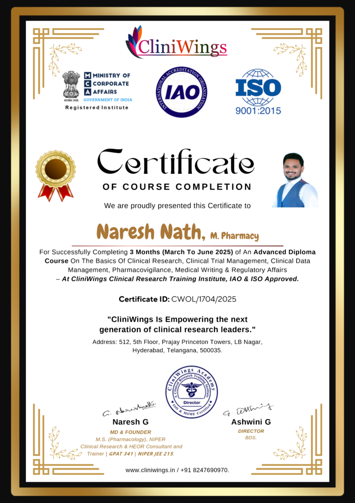 CliniWings course completion certificate sample